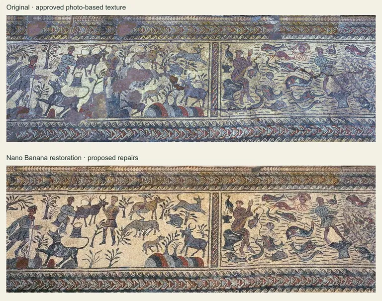 Origjinali kundrejt restaurimit të parë historik me IA; tekstura opsionale është zëvendësuar më pas.